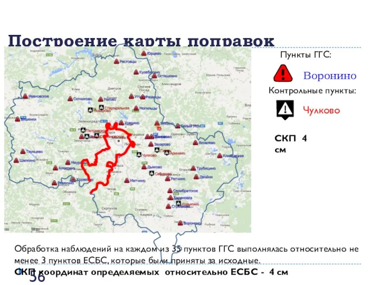 Построение карты поправок Обработка наблюдений на каждом из 35 пунктов