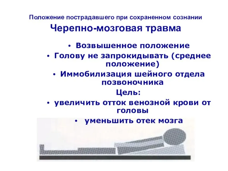 Положение пострадавшего при сохраненном сознании Черепно-мозговая травма Возвышенное положение Голову