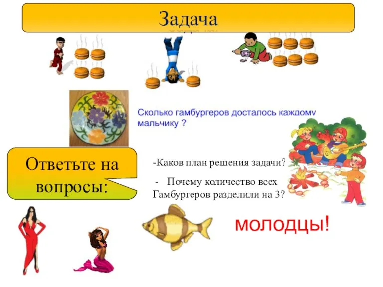 Задача -Каков план решения задачи? Ответьте на вопросы: Почему количество всех Гамбургеров разделили на 3? молодцы!