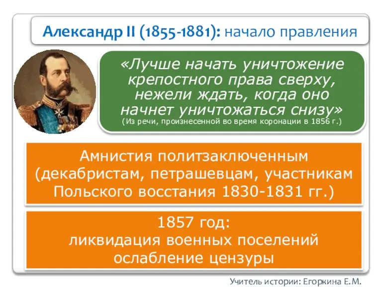 Учитель истории: Егоркина Е.М. Александр II (1855-1881): начало правления «Лучше