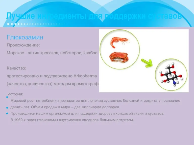 Глюкозамин Происхождение: Морское - хитин креветок, лобстеров, крабов. Качество: протестировано