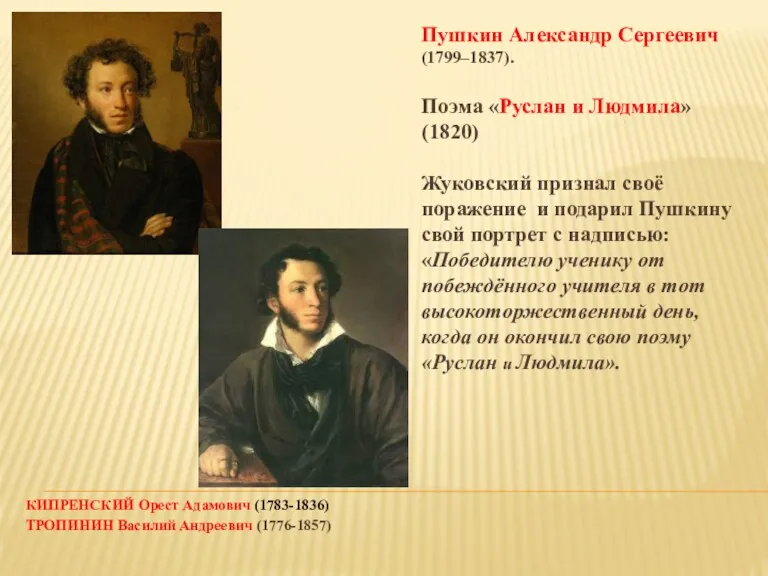 КИПРЕНСКИЙ Орест Адамович (1783-1836) ТРОПИНИН Василий Андреевич (1776-1857) Пушкин Александр