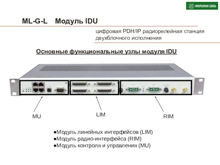 ML-G-L Модуль IDU Модуль линейных интерфейсов (LIM) Модуль радио-интерфейса (RIM)