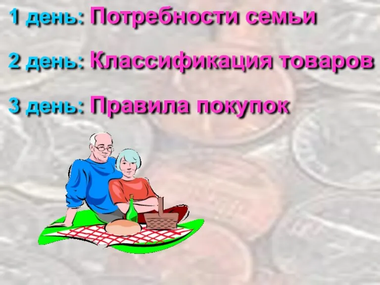 1 день: Потребности семьи 2 день: Классификация товаров 3 день: Правила покупок