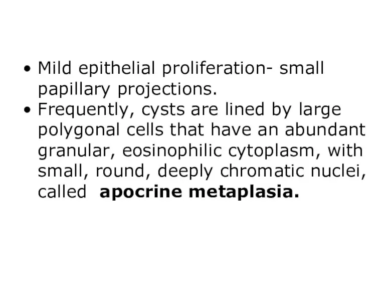 Mild epithelial proliferation- small papillary projections. Frequently, cysts are lined by large polygonal