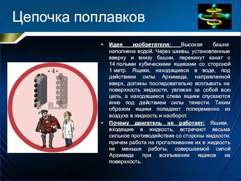 Цепочка поплавков Идея изобретателя: Высокая башня наполнена водой. Через шкивы,