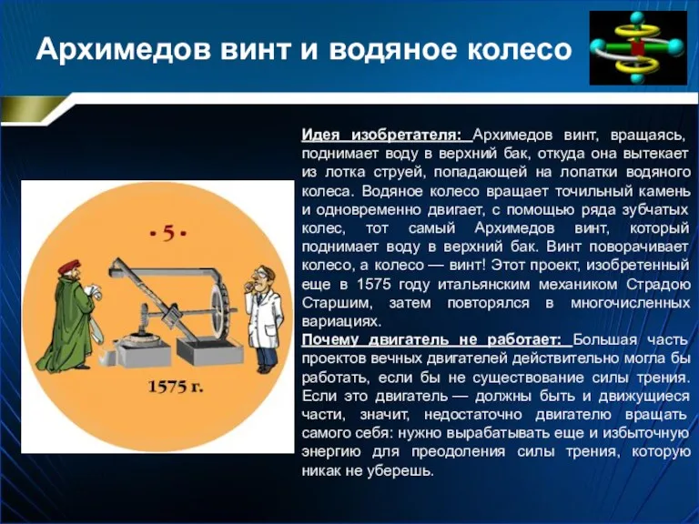 Архимедов винт и водяное колесо Идея изобретателя: Архимедов винт, вращаясь,