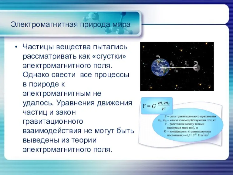 Частицы вещества пытались рассматривать как «сгустки» электромагнитного поля. Однако свести