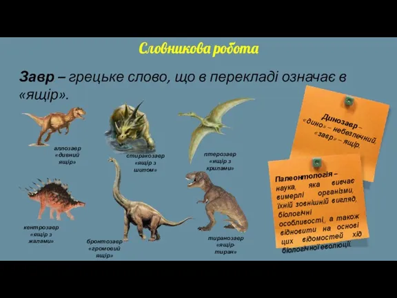 Словникова робота Завр – грецьке слово, що в перекладі означає в «ящір».