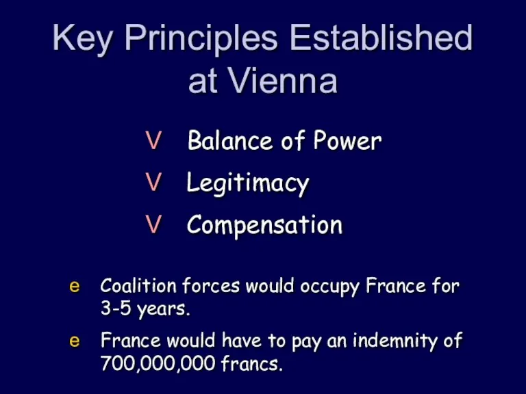 Key Principles Established at Vienna Balance of Power Legitimacy Compensation