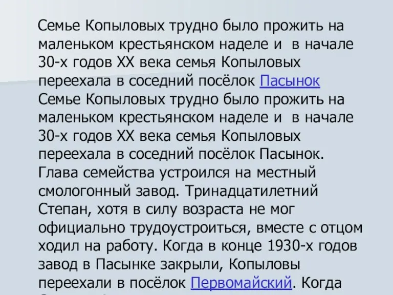 Семье Копыловых трудно было прожить на маленьком крестьянском наделе и