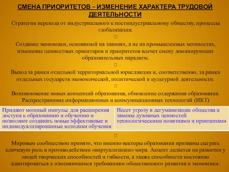 СМЕНА ПРИОРИТЕТОВ – ИЗМЕНЕНИЕ ХАРАКТЕРА ТРУДОВОЙ ДЕЯТЕЛЬНОСТИ Стратегия перехода от