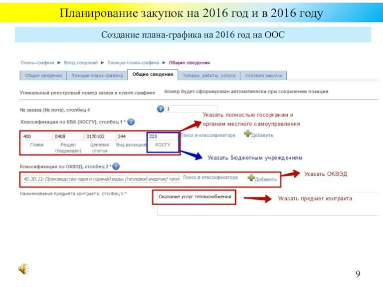 Планирование закупок на 2016 год и в 2016 году Создание плана-графика на 2016 год на ООС