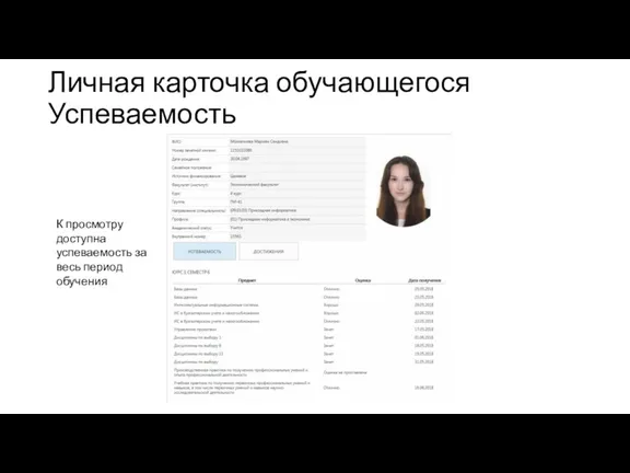 Личная карточка обучающегося Успеваемость К просмотру доступна успеваемость за весь период обучения