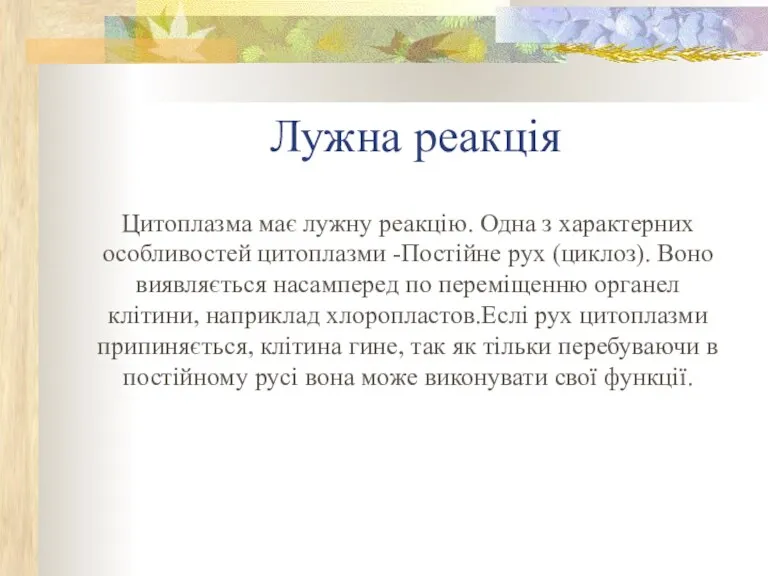 Лужна реакція Цитоплазма має лужну реакцію. Одна з характерних особливостей цитоплазми -Постійне рух