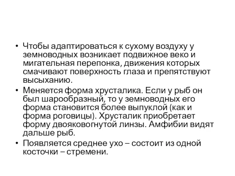 Чтобы адаптироваться к сухому воздуху у земноводных возникает подвижное веко и мигательная перепонка,