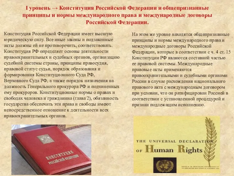 I уровень → Конституция Российской Федерации и общепризнанные принципы и нормы международного права