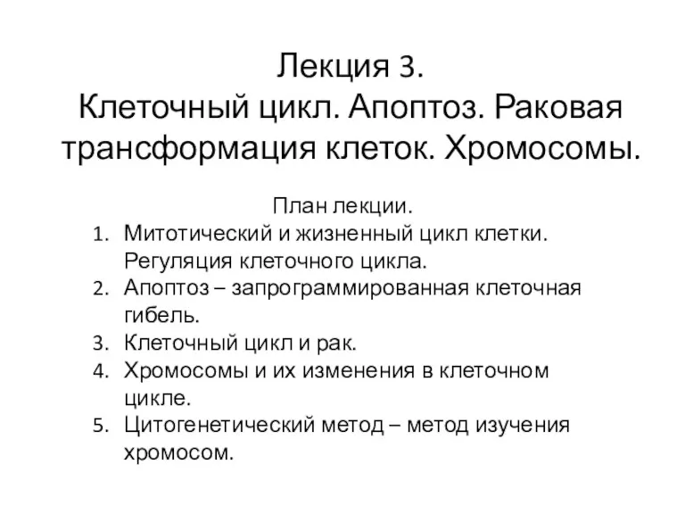 Клеточный цикл. Апоптоз. Раковая трансформация клеток. Хромосомы