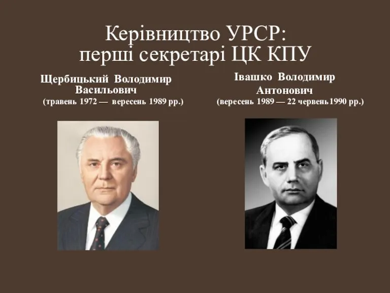 Керівництво УРСР: перші секретарі ЦК КПУ Щербицький Володимир Васильович (травень