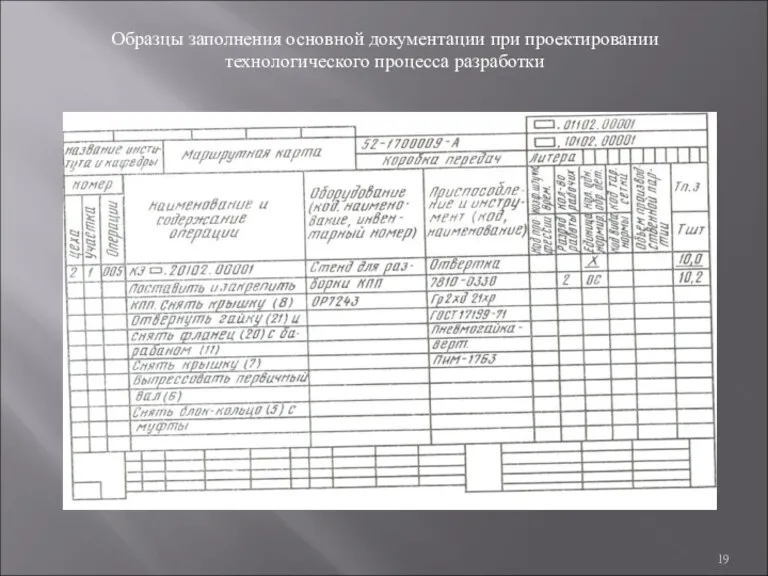 Образцы заполнения основной документации при проектировании технологического процесса разработки