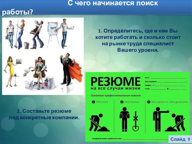 С чего начинается поиск работы? Слайд 9 1. Определитесь, где