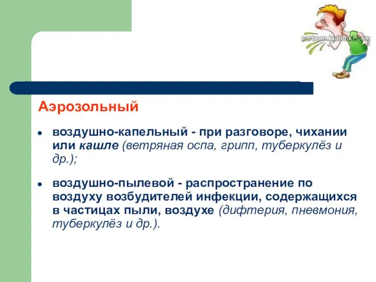 Аэрозольный воздушно-капельный - при разговоре, чихании или кашле (ветряная оспа,