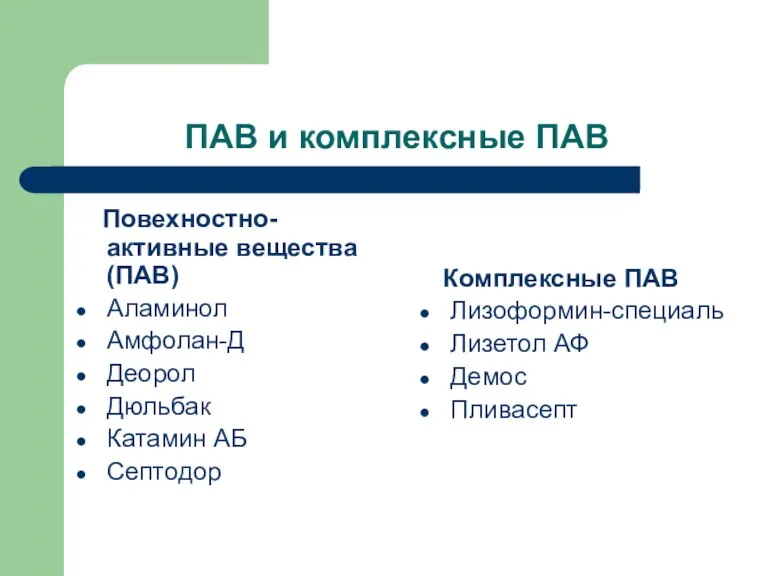 ПАВ и комплексные ПАВ Повехностно-активные вещества (ПАВ) Аламинол Амфолан-Д Деорол