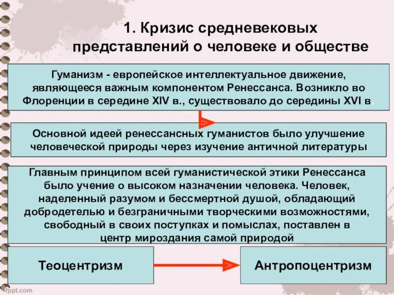 1. Кризис средневековых представлений о человеке и обществе Гуманизм -