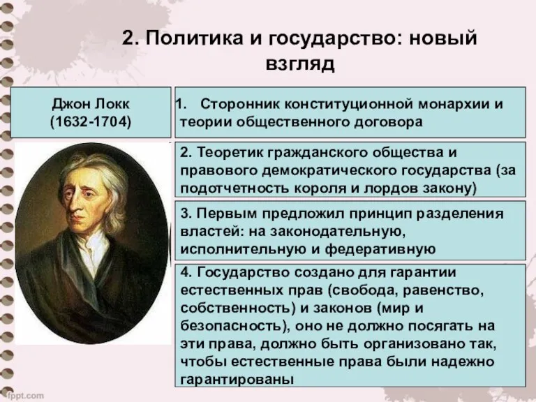 2. Политика и государство: новый взгляд Джон Локк (1632-1704) Сторонник