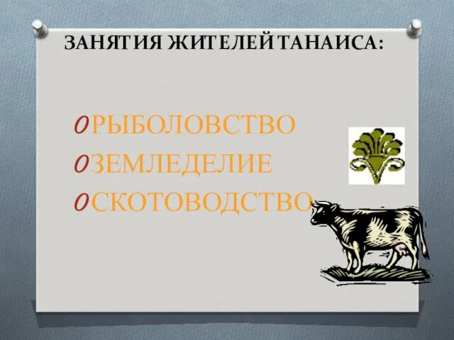 ЗАНЯТИЯ ЖИТЕЛЕЙ ТАНАИСА: РЫБОЛОВСТВО ЗЕМЛЕДЕЛИЕ СКОТОВОДСТВО