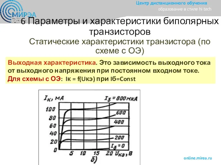 6 Параметры и характеристики биполярных транзисторов Статические характеристики транзистора (по