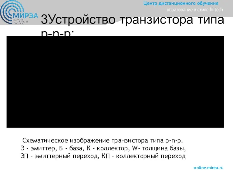 3Устройство транзистора типа p-n-p: Схематическое изображение транзистора типа p-n-p. Э