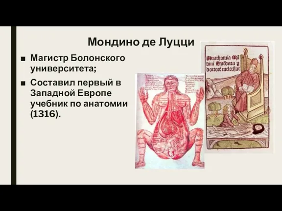 Мондино де Луцци Магистр Болонского университета; Составил первый в Западной Европе учебник по анатомии (1316).