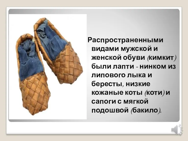 Распространенными видами мужской и женской обуви (кимкит) были лапти -