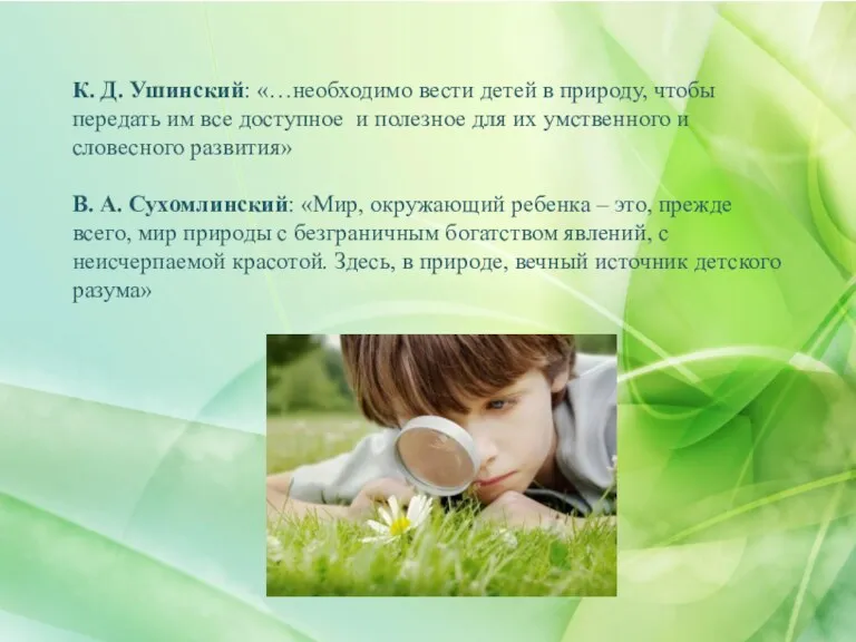 К. Д. Ушинский: «…необходимо вести детей в природу, чтобы передать