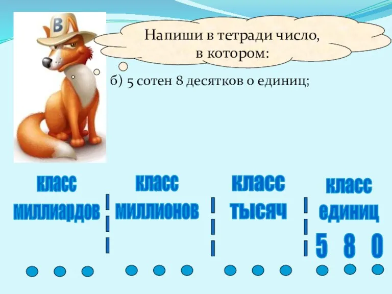 Напиши в тетради число, в котором: б) 5 сотен 8