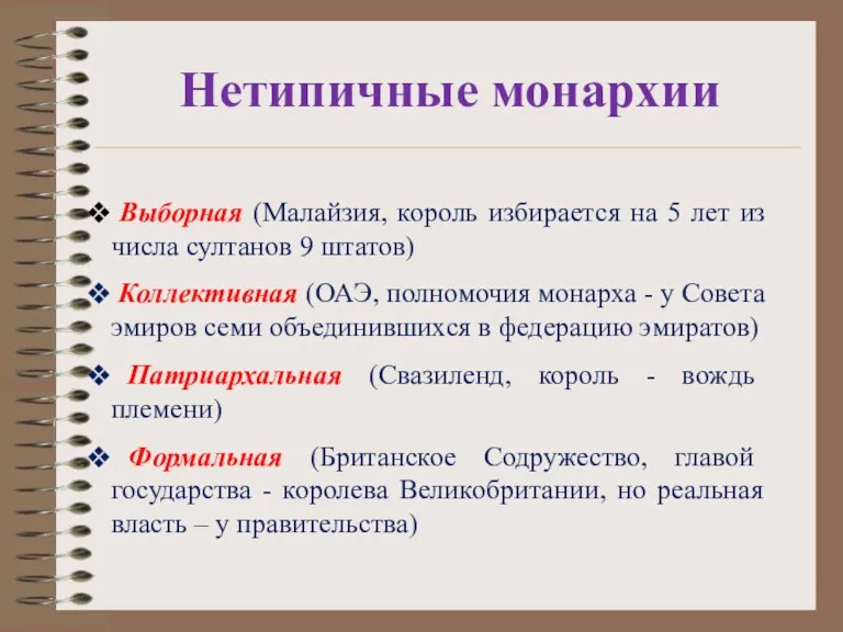 Нетипичные монархии Выборная (Малайзия, король избирается на 5 лет из