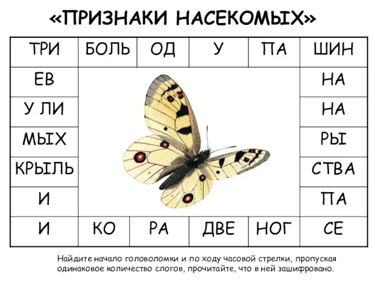 «ПРИЗНАКИ НАСЕКОМЫХ» Найдите начало головоломки и по ходу часовой стрелки,