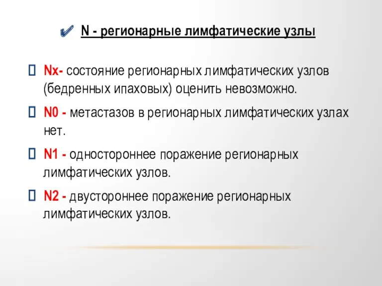 N - регионарные лимфатические узлы Nx- состояние регионарных лимфатических узлов