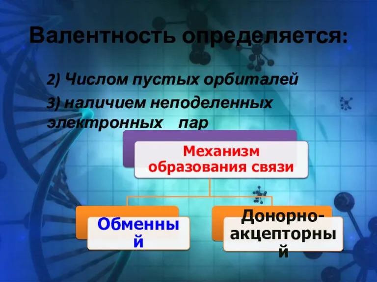 Валентность определяется: 2) Числом пустых орбиталей 3) наличием неподеленных электронных пар