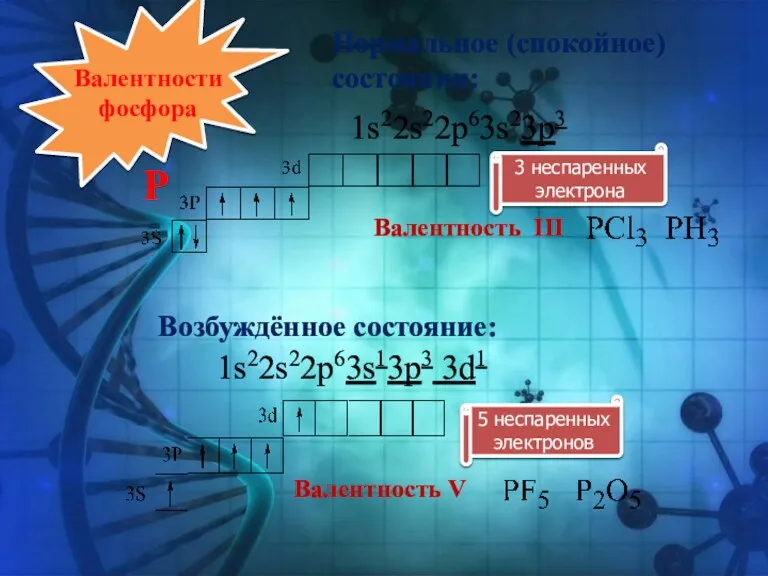 Валентности фосфора Нормальное (спокойное) состоянии: Валентность III Возбуждённое состояние: Валентность