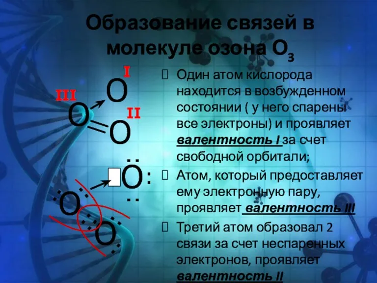 Образование связей в молекуле озона О3 Один атом кислорода находится