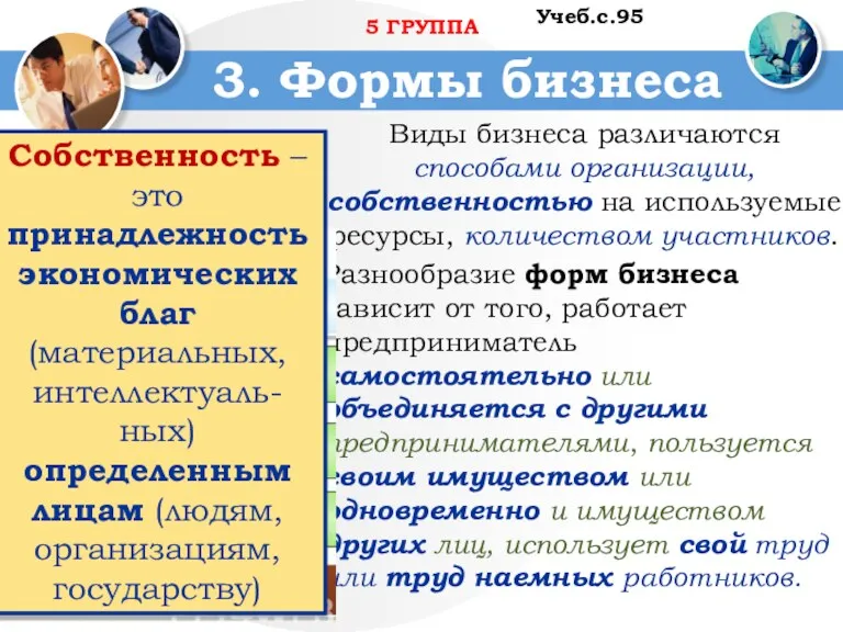 3. Формы бизнеса Виды бизнеса различаются способами организации, собственностью на