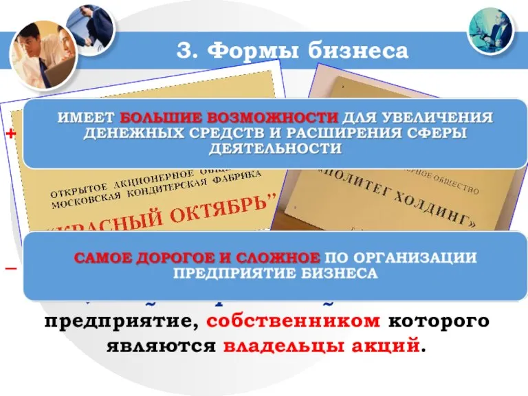 3. Формы бизнеса Акционерное общество – предприятие, собственником которого являются владельцы акций. + _