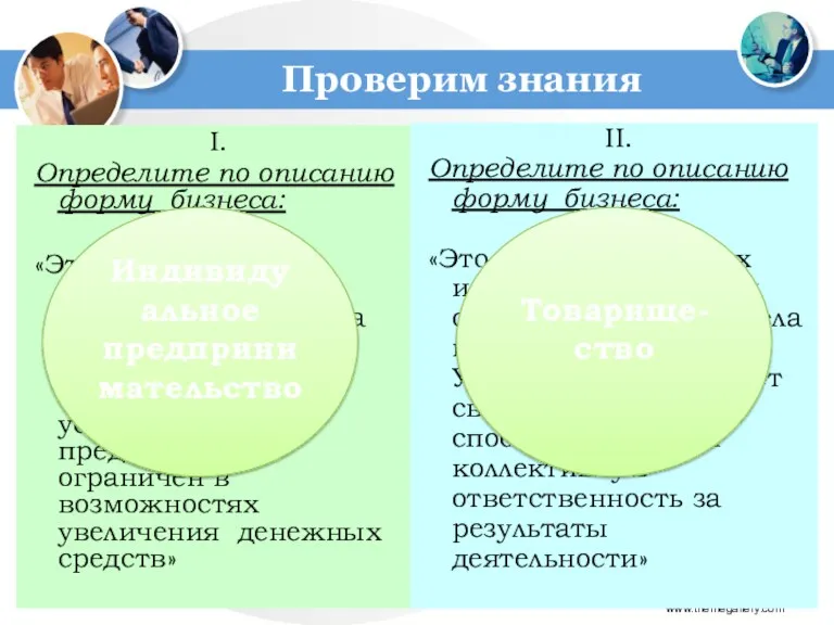 Проверим знания www.themegallery.com I. Определите по описанию форму бизнеса: «Это