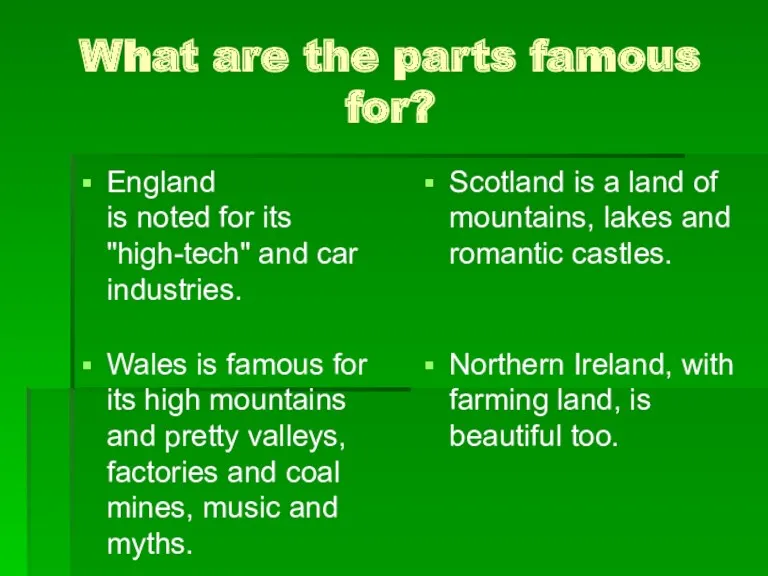 What are the parts famous for? England is noted for