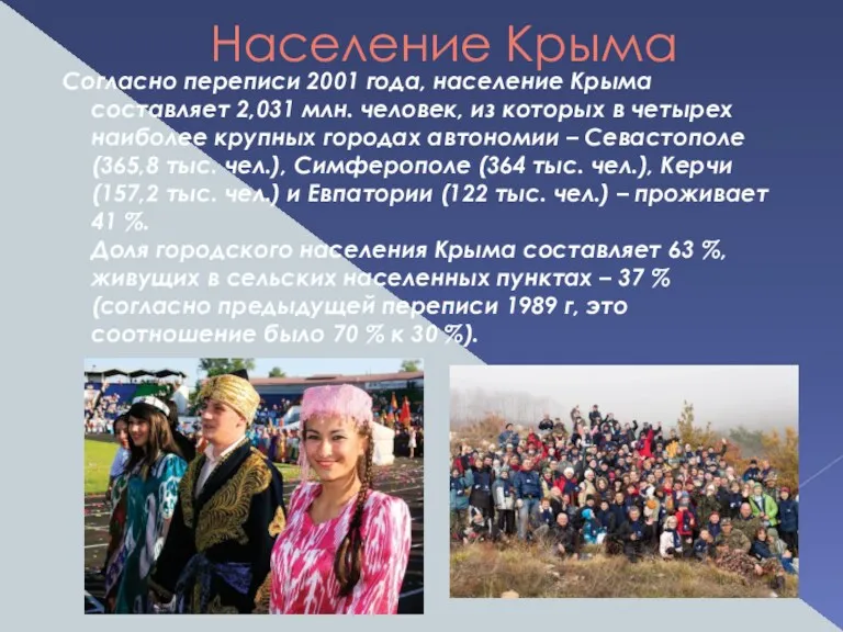 Население Крыма Согласно переписи 2001 года, население Крыма составляет 2,031