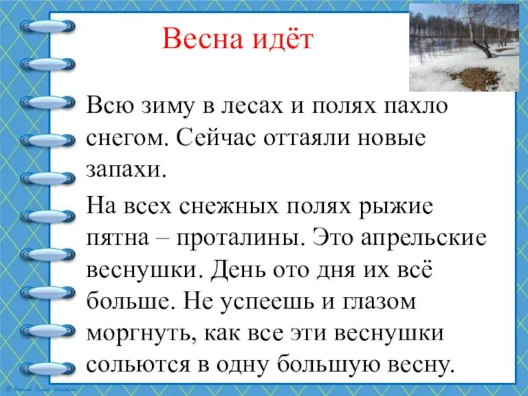 Весна идёт Всю зиму в лесах и полях пахло снегом.