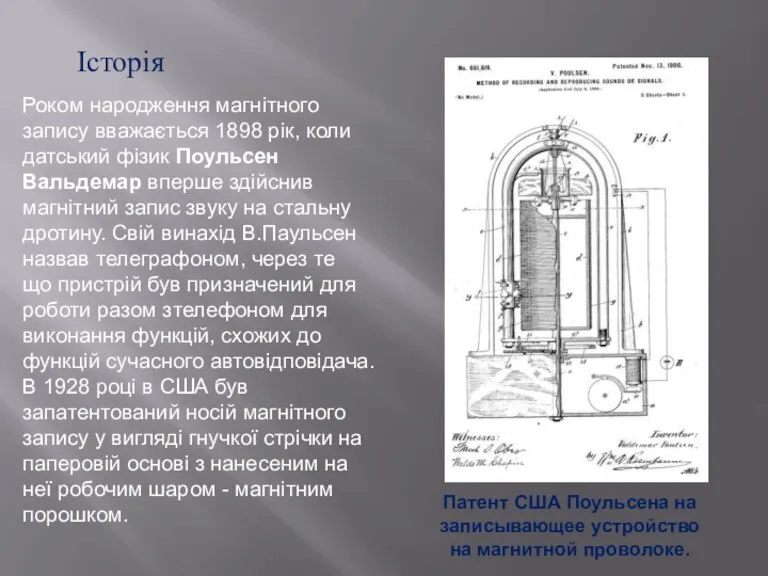 Історія Патент США Поульсена на записывающее устройство на магнитной проволоке.