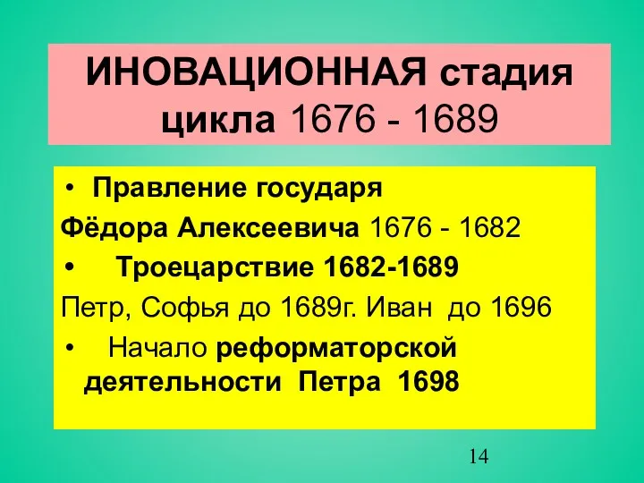 ИНОВАЦИОННАЯ стадия цикла 1676 - 1689 Правление государя Фёдора Алексеевича